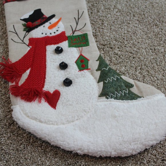 Hobby Lobby Country Snowman Christmas Stocking Bells Plaid Tan Let it Snow NWT - Picture 2 of 5